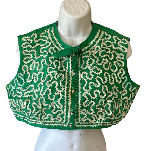 Vtg Green Crop Blouse Sleeveless Cream Embroidered Trim Homemade Sz Sm - Picture 2 of 9